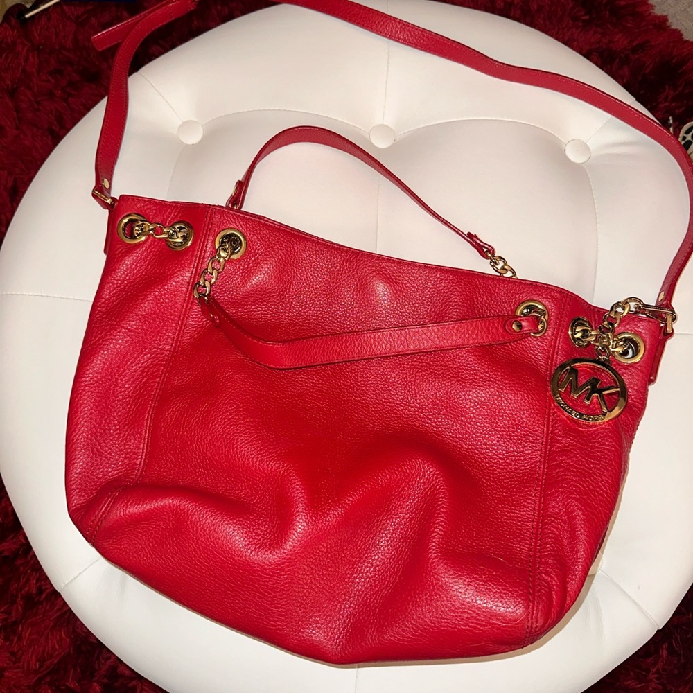 Michael Kors red leather large shoulder bag